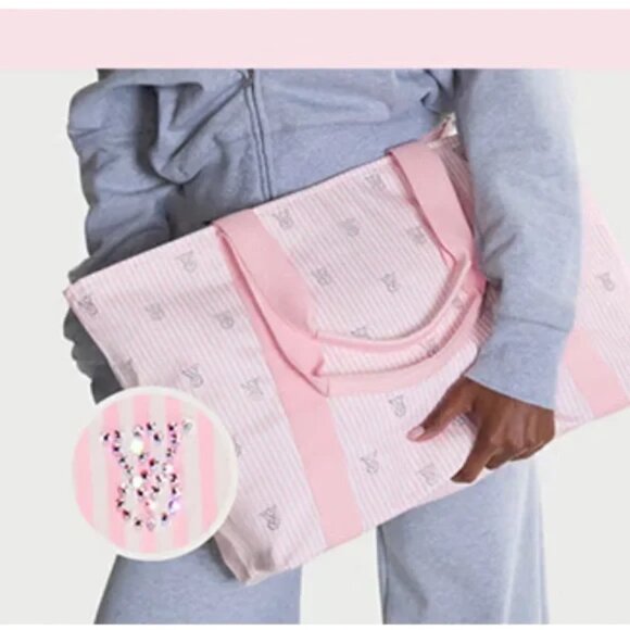 NEW Victoria's Secret Shine Tote Bag with Heritage Pink Stripe Print - Picture 3 of 8